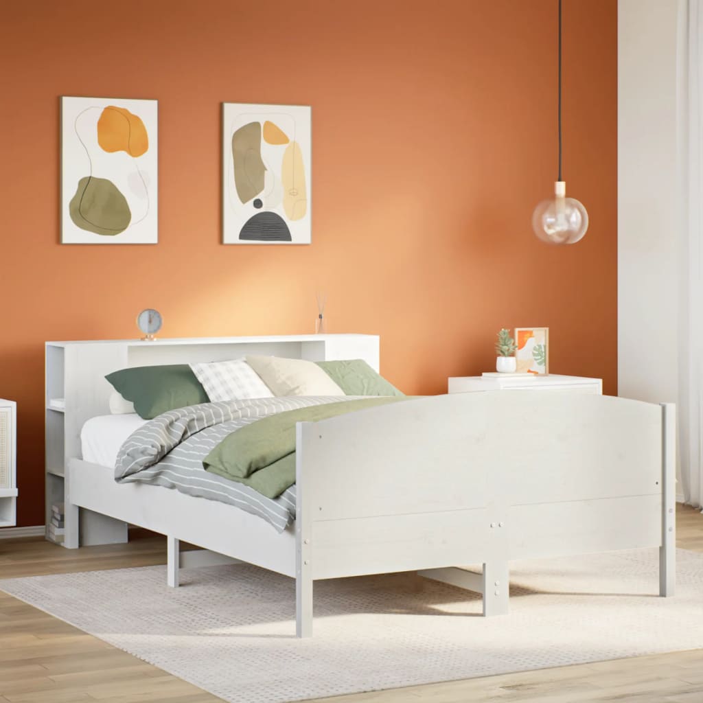 Seng med bokhylle uten madrass hvit 135x190 cm heltre furu