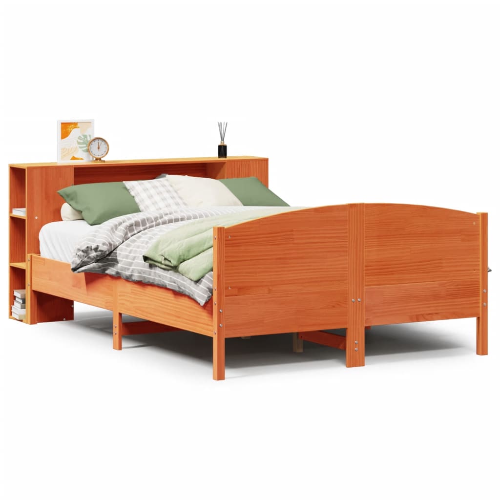Seng med bokhylle uten madrass voksbrun 135x190 cm heltre furu