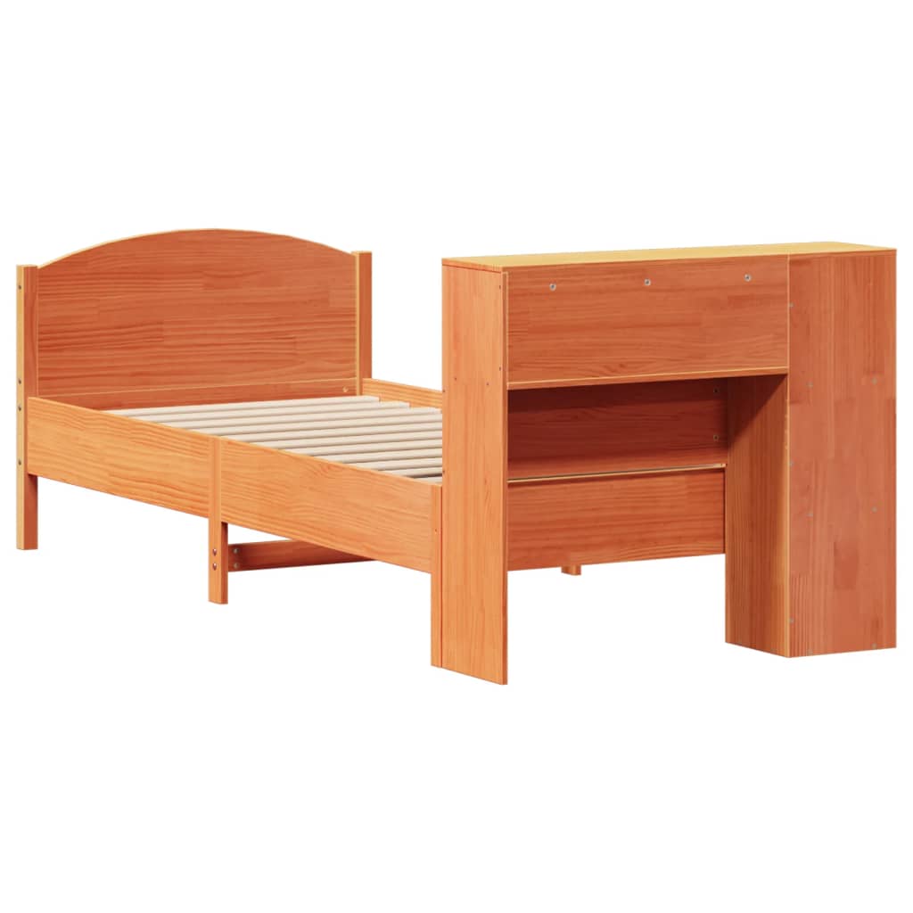 Seng med bokhylle uten madrass voksbrun 100x200 cm heltre furu