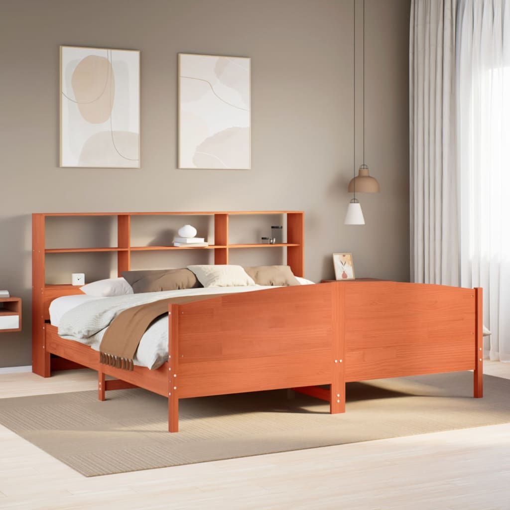 Seng med bokhylle uten madrass voksbrun 200x200 cm heltre furu
