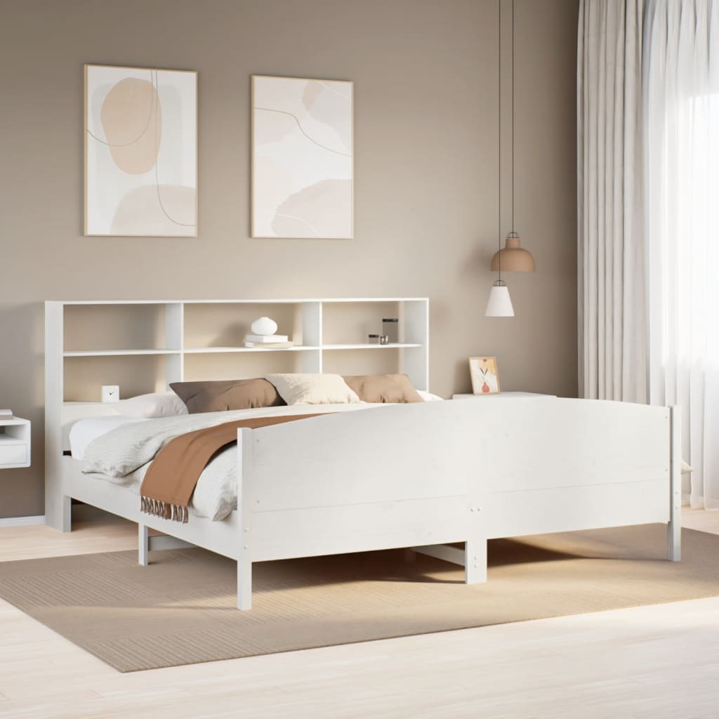 Seng med bokhylle uten madrass hvit 180x200 cm heltre furu