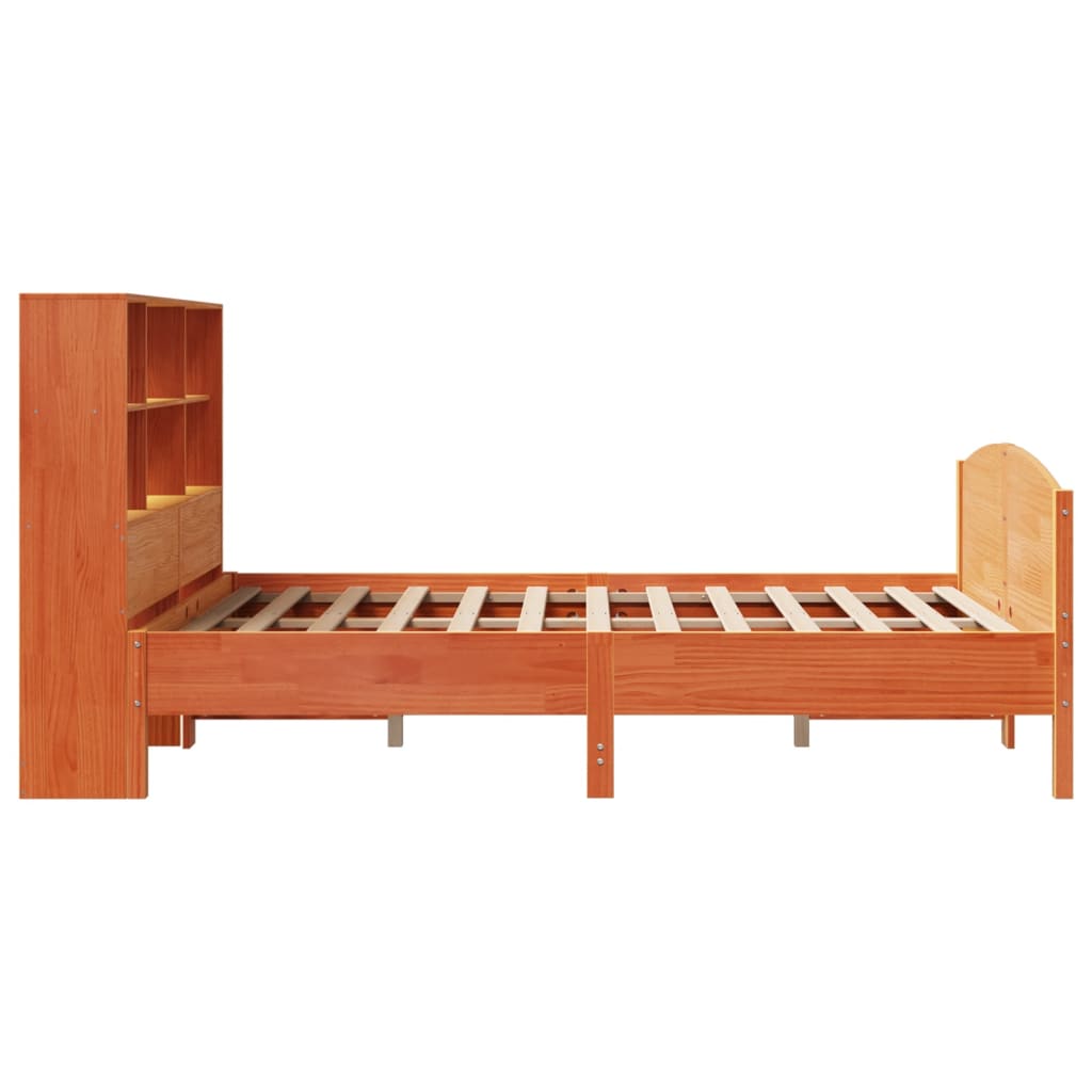 Seng med bokhylle uten madrass voksbrun 160x200 cm heltre furu