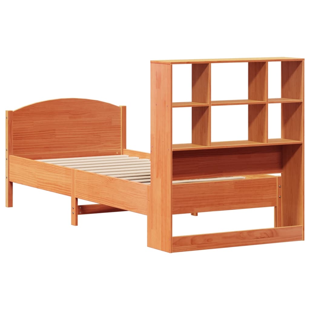 Seng med bokhylle uten madrass voksbrun 75x190 cm heltre furu