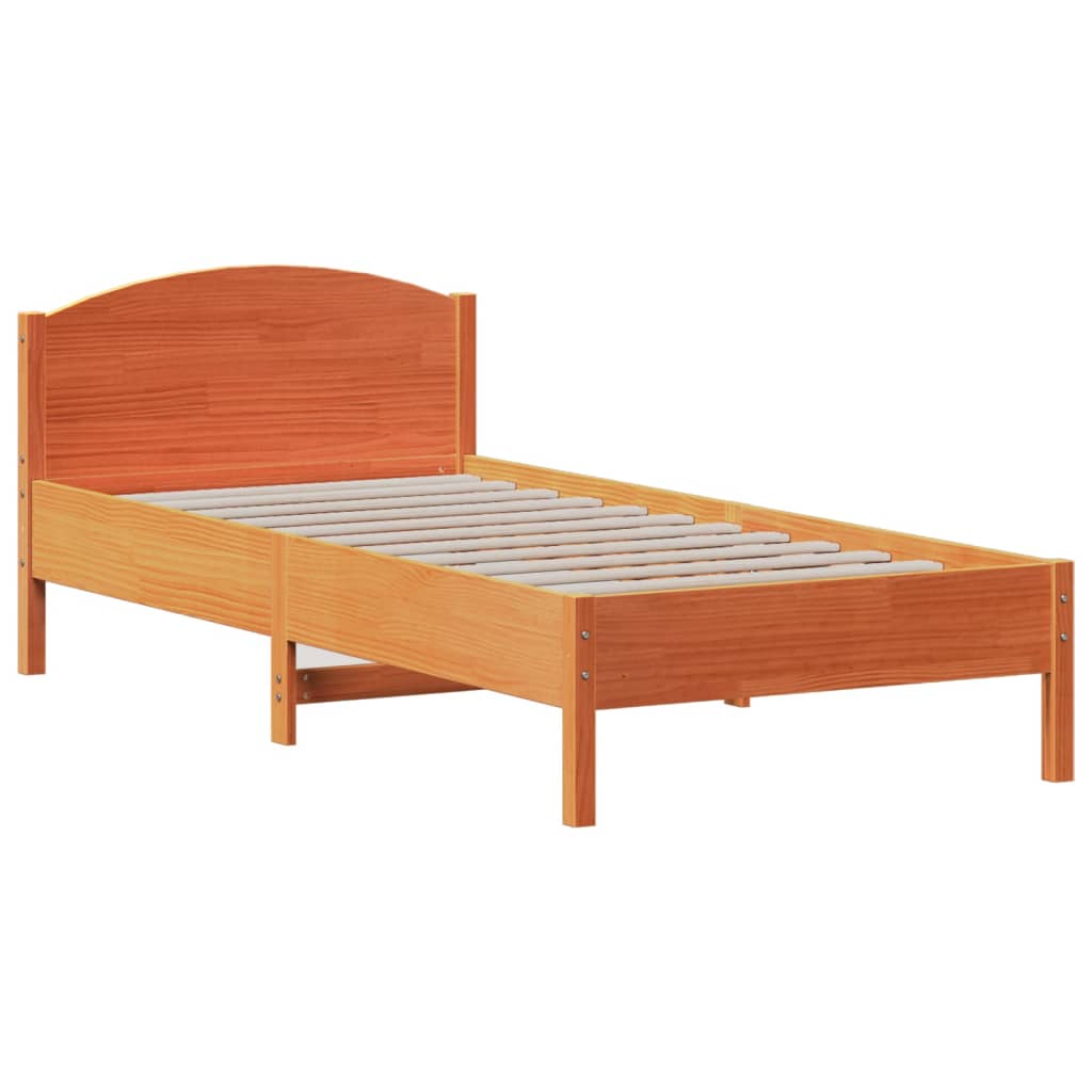 Seng med bokhylle uten madrass voksbrun 75x190 cm heltre furu