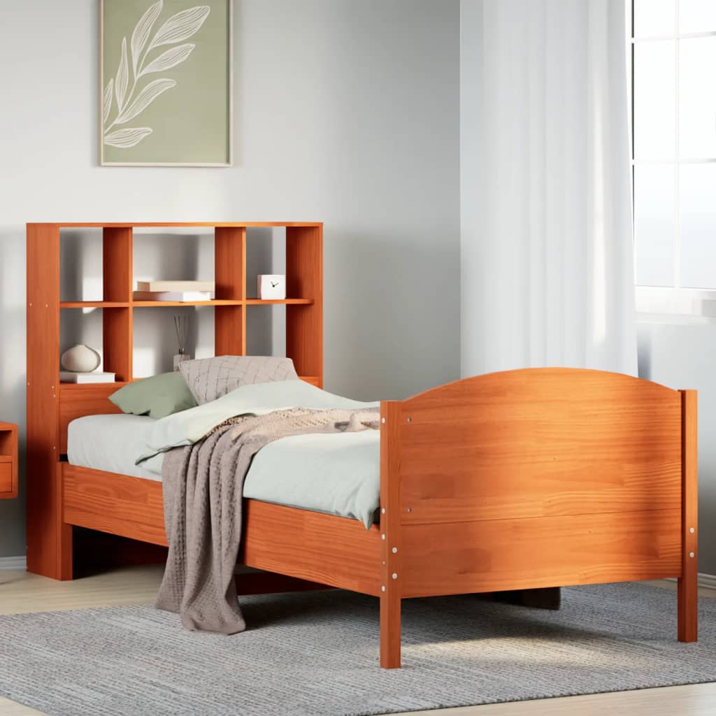 Seng med bokhylle uten madrass voksbrun 75x190 cm heltre furu