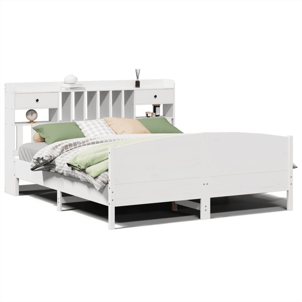 Seng med bokhylle uten madrass hvit 180x200 cm heltre furu