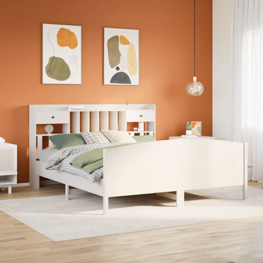 Seng med bokhylle uten madrass hvit 180x200 cm heltre furu