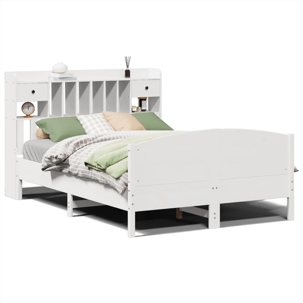 Seng med bokhylle uten madrass hvit 150x200 cm heltre furu
