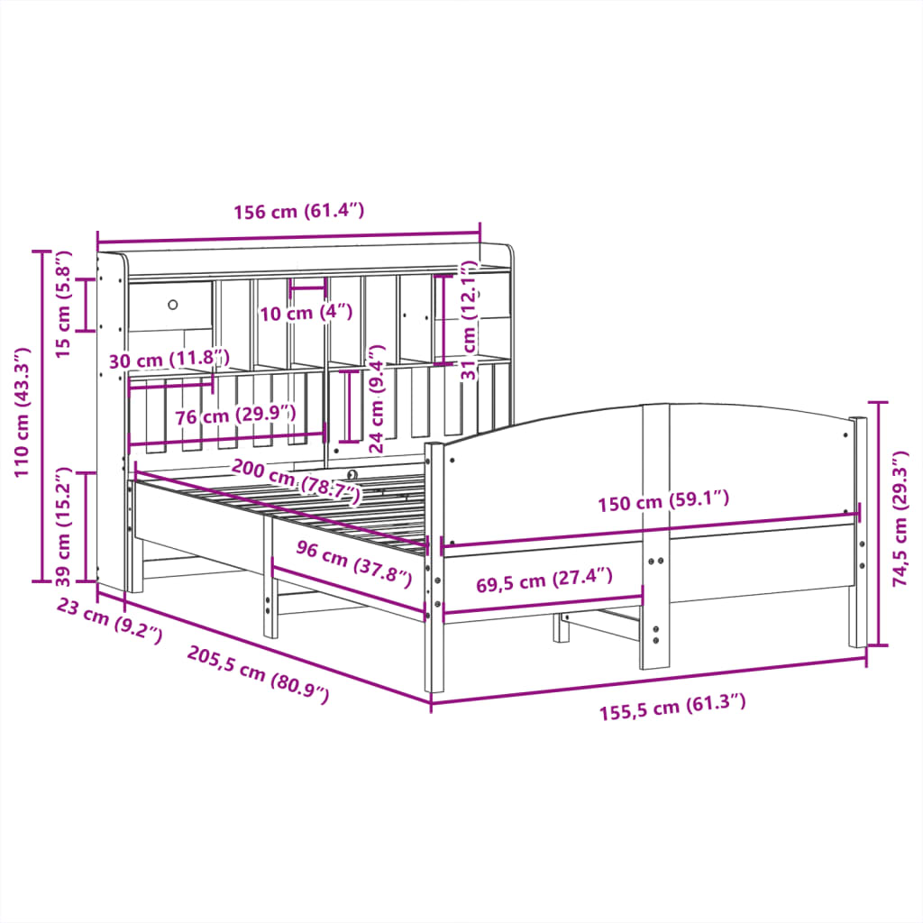 Seng med bokhylle uten madrass voksbrun 150x200 cm heltre furu