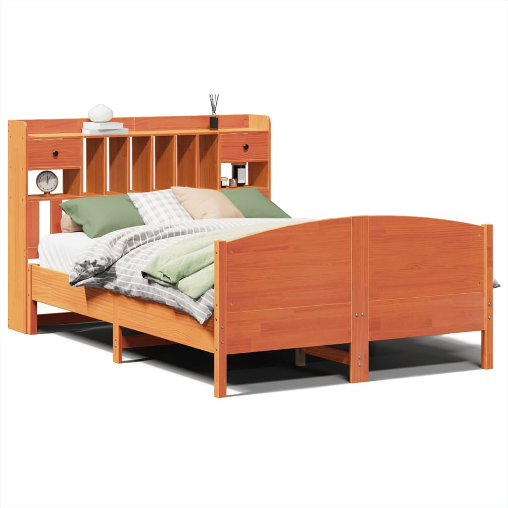 Seng med bokhylle uten madrass voksbrun 140x200 cm heltre furu