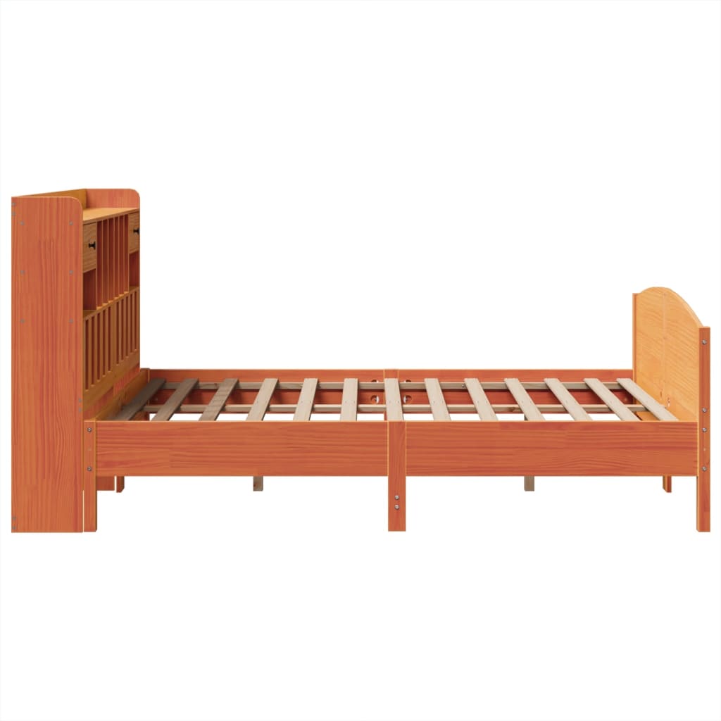 Seng med bokhylle uten madrass voksbrun 140x200 cm heltre furu