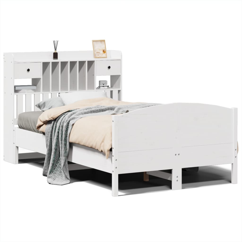 Seng med bokhylle uten madrass hvit 135x190 cm heltre furu