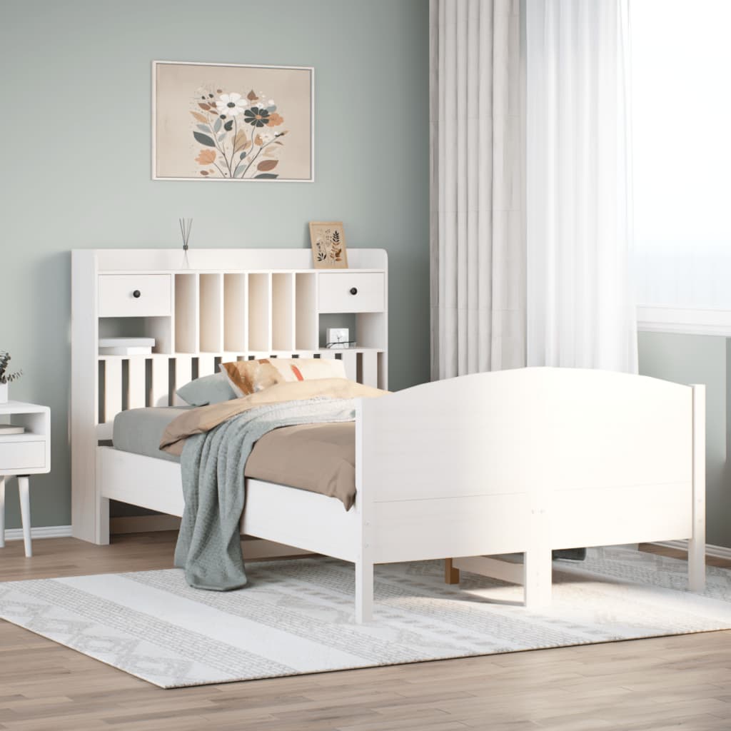 Seng med bokhylle uten madrass hvit 135x190 cm heltre furu