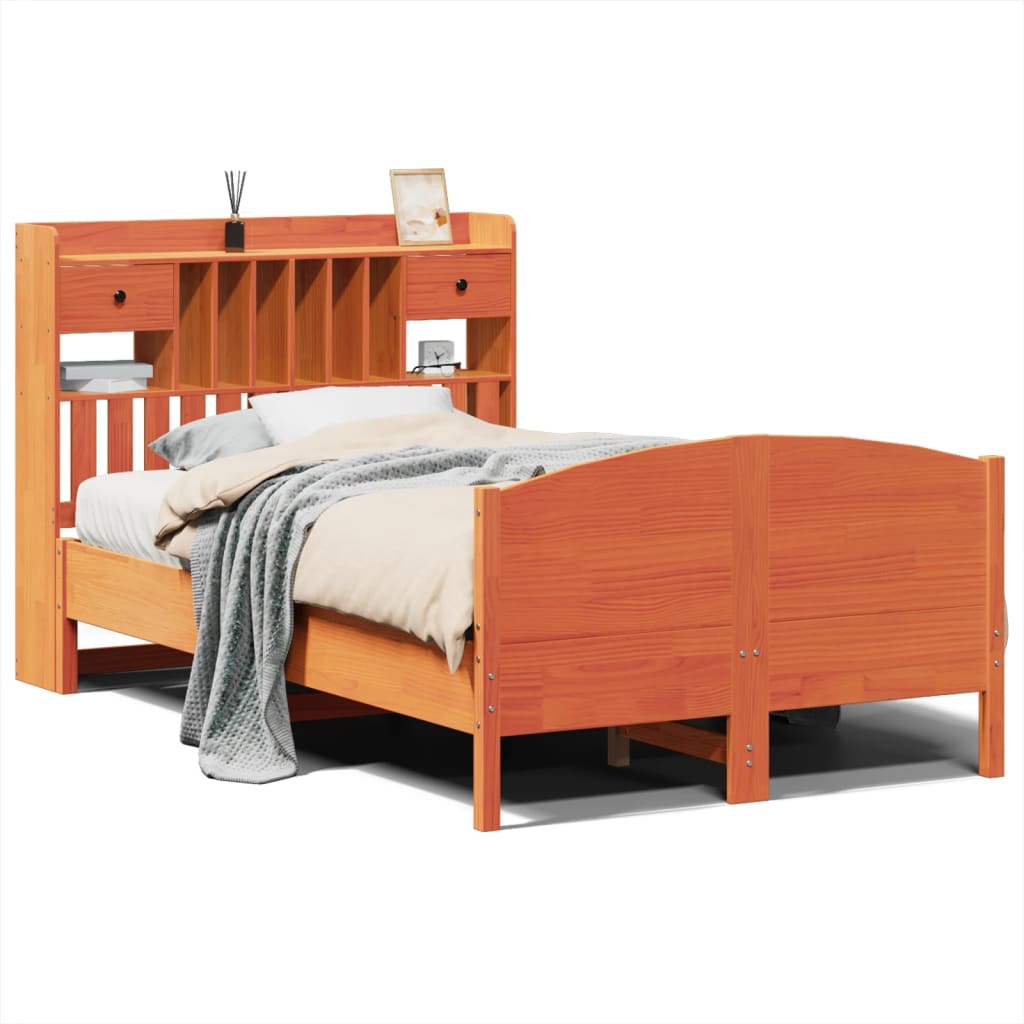 Seng med bokhylle uten madrass voksbrun 135x190 cm heltre furu
