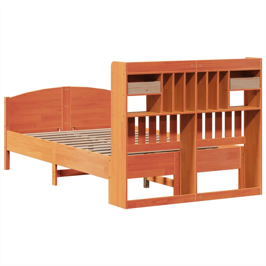 Seng med bokhylle uten madrass voksbrun 135x190 cm heltre furu