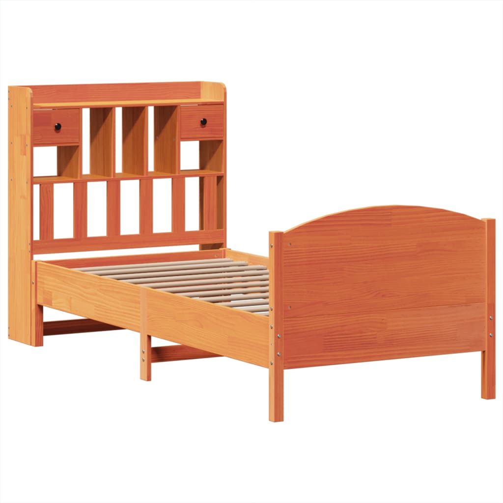 Seng med bokhylle uten madrass voksbrun 75x190 cm heltre furu