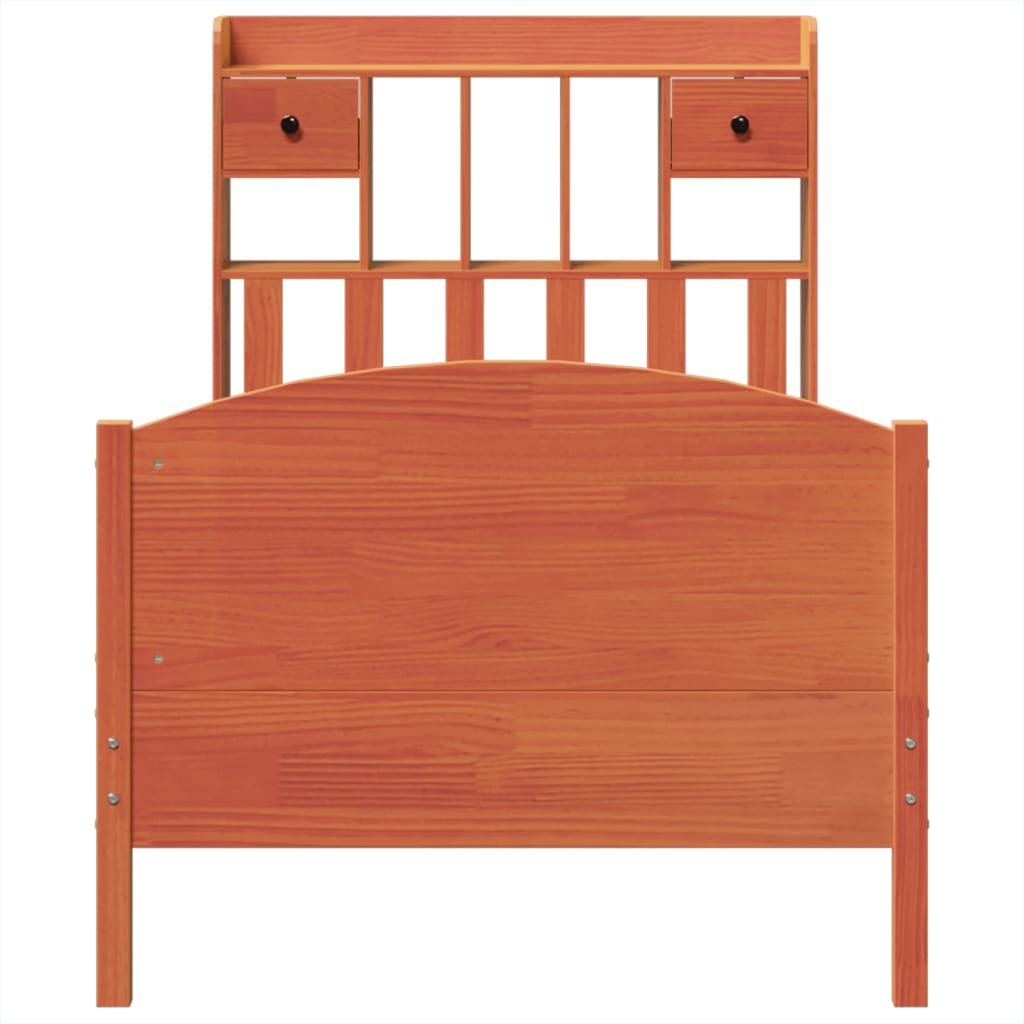 Seng med bokhylle uten madrass voksbrun 75x190 cm heltre furu