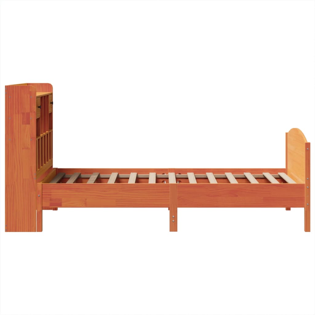 Seng med bokhylle uten madrass voksbrun 75x190 cm heltre furu