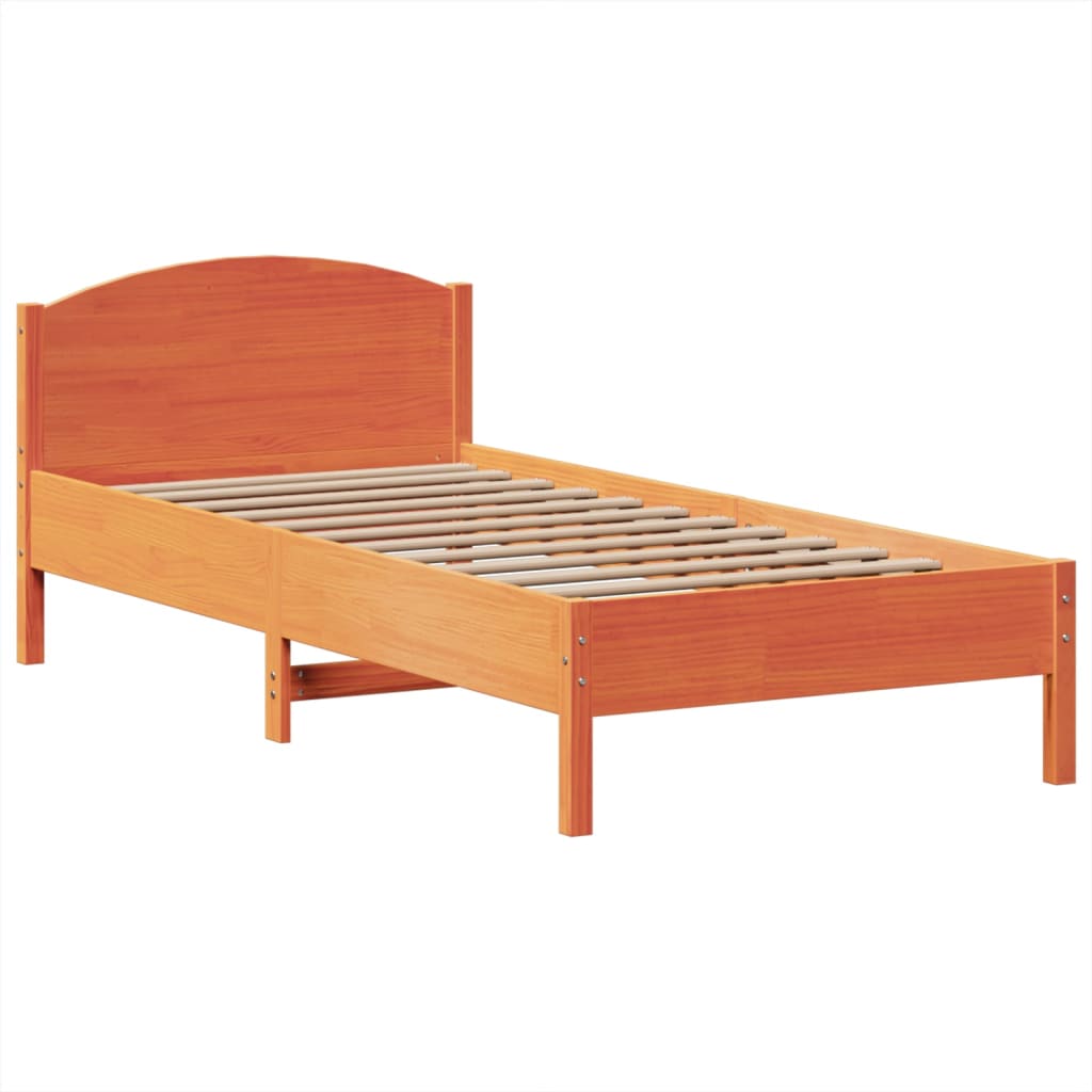Seng med bokhylle uten madrass voksbrun 75x190 cm heltre furu
