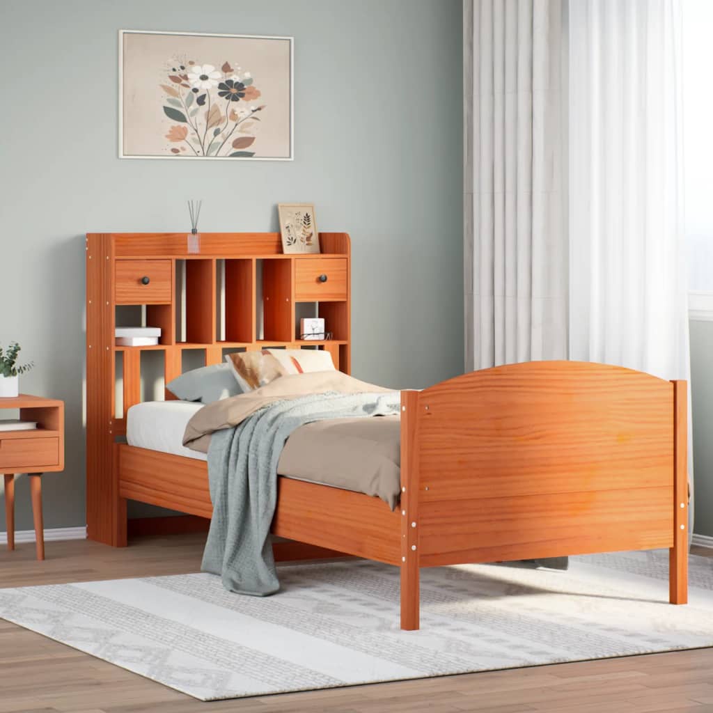 Seng med bokhylle uten madrass voksbrun 75x190 cm heltre furu