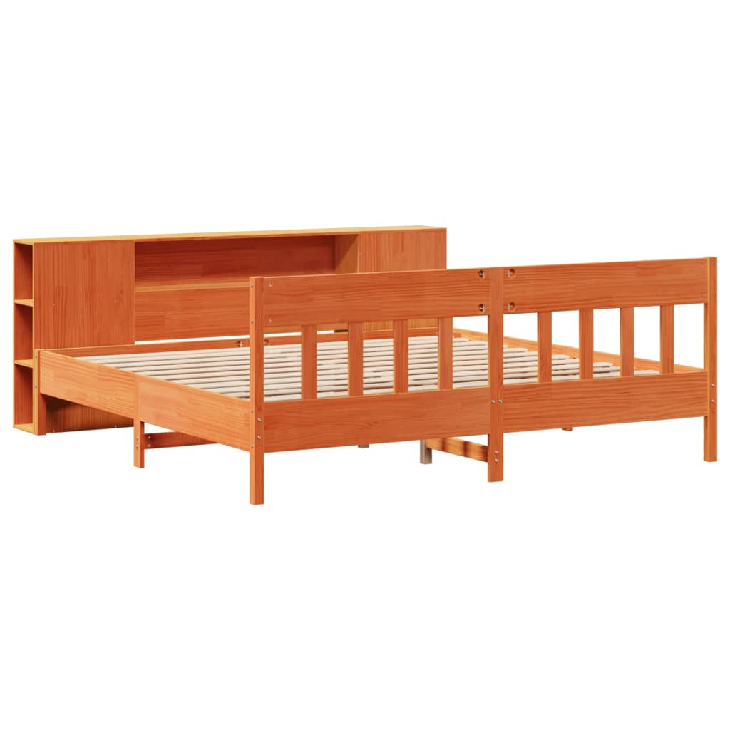Seng med bokhylle uten madrass voksbrun 200x200 cm heltre furu