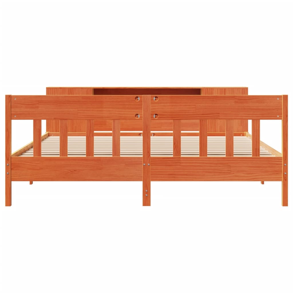 Seng med bokhylle uten madrass voksbrun 200x200 cm heltre furu