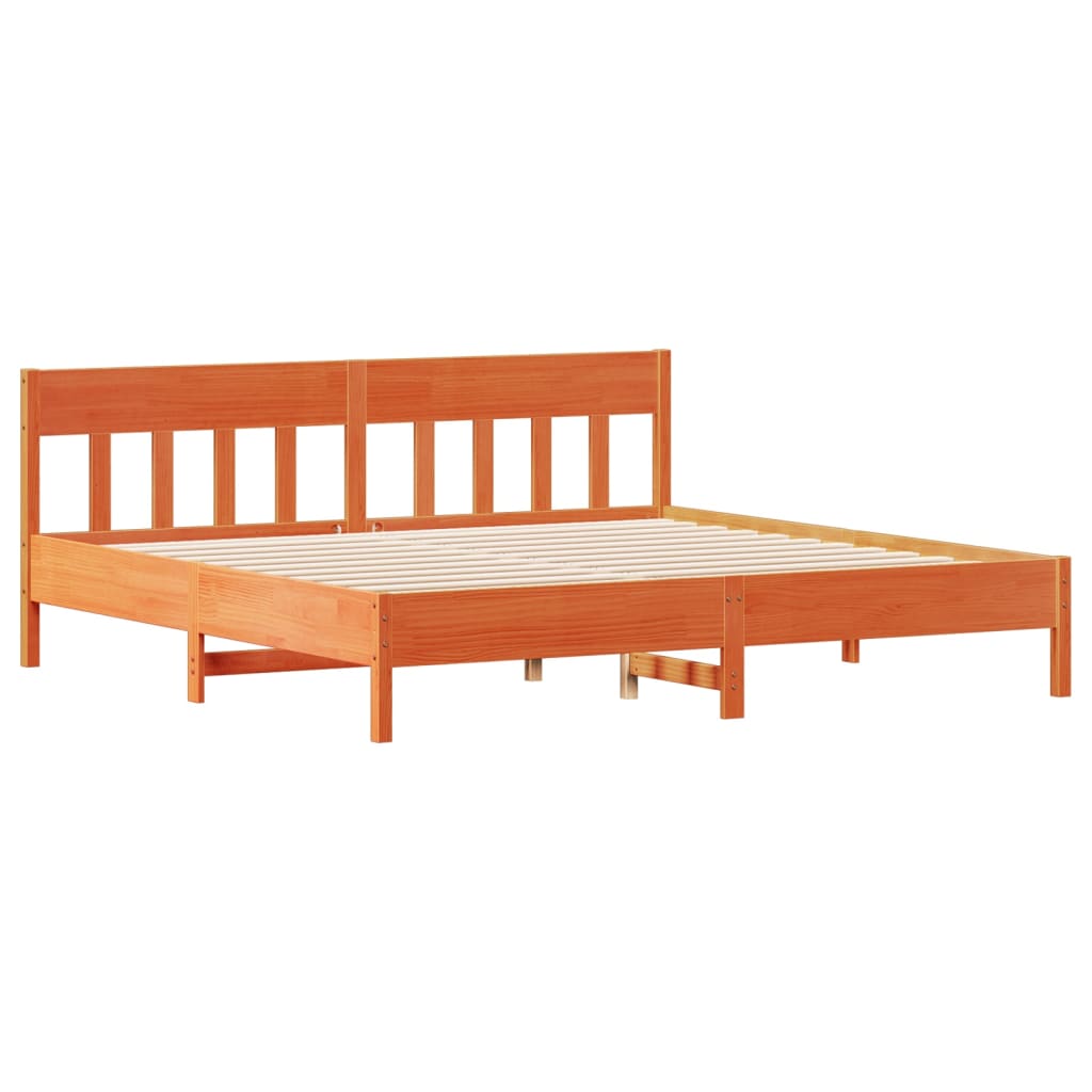 Seng med bokhylle uten madrass voksbrun 200x200 cm heltre furu
