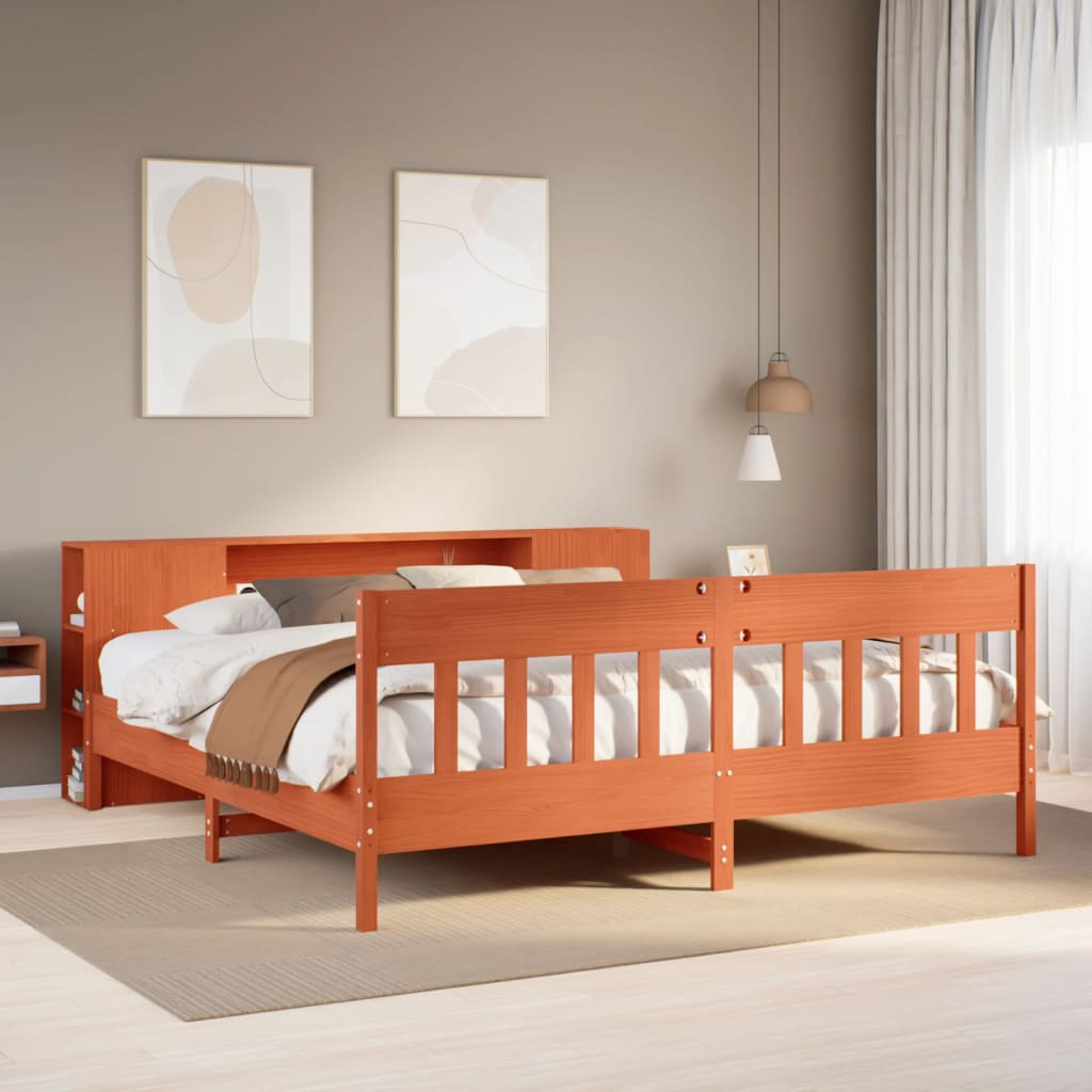 Seng med bokhylle uten madrass voksbrun 200x200 cm heltre furu