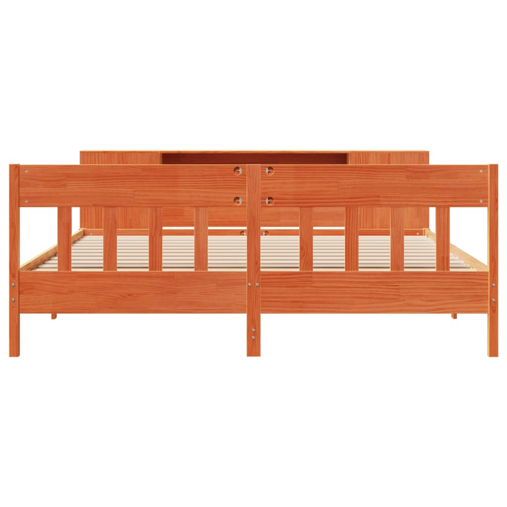 Seng med bokhylle uten madrass voksbrun 180x200 cm heltre furu