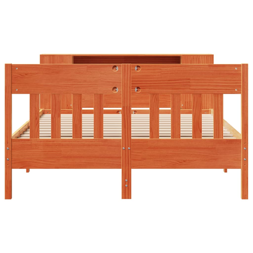 Seng med bokhylle uten madrass voksbrun 160x200 cm heltre furu