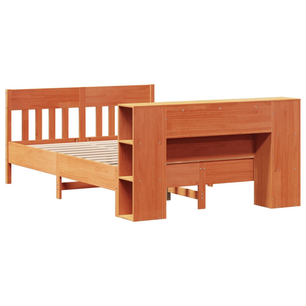 Seng med bokhylle uten madrass voksbrun 140x200 cm heltre furu