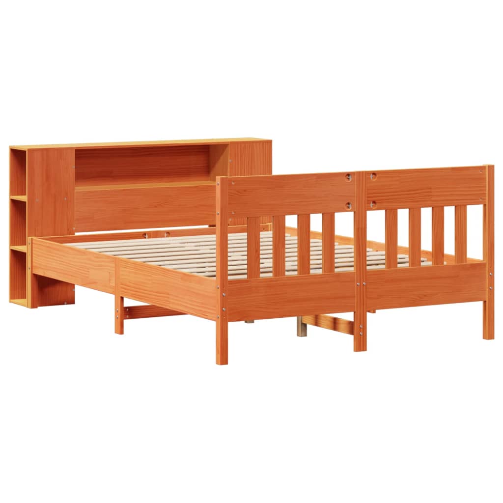 Seng med bokhylle uten madrass voksbrun 140x190 cm heltre furu