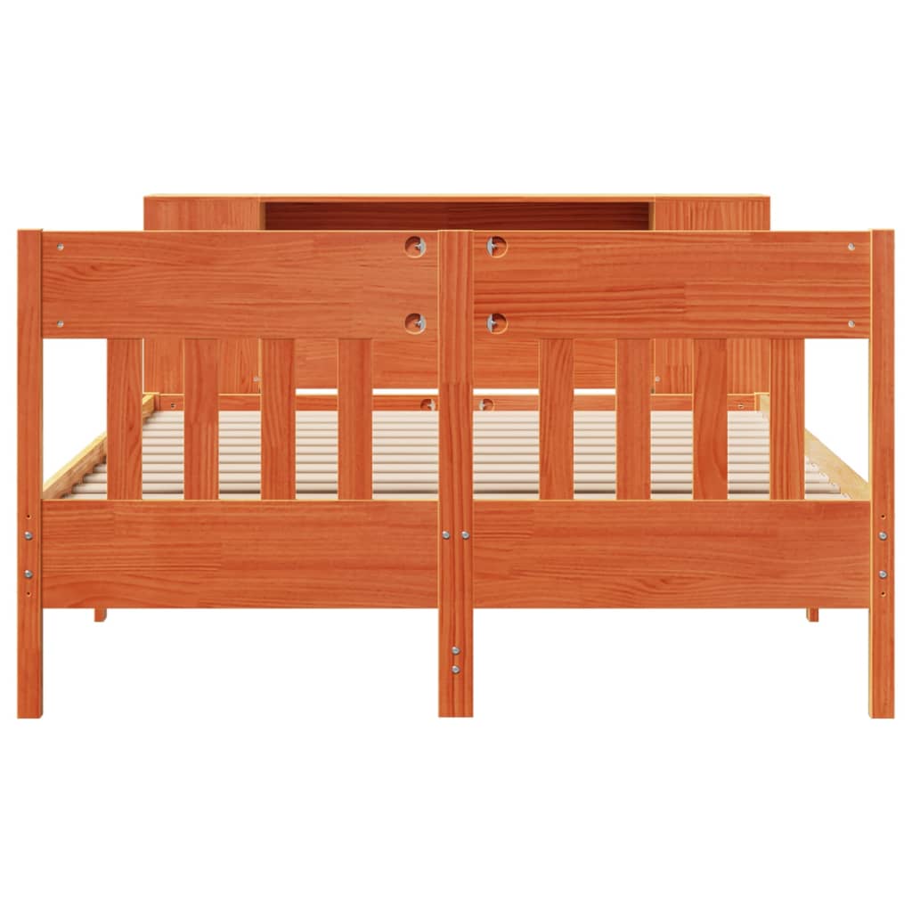 Seng med bokhylle uten madrass voksbrun 140x190 cm heltre furu