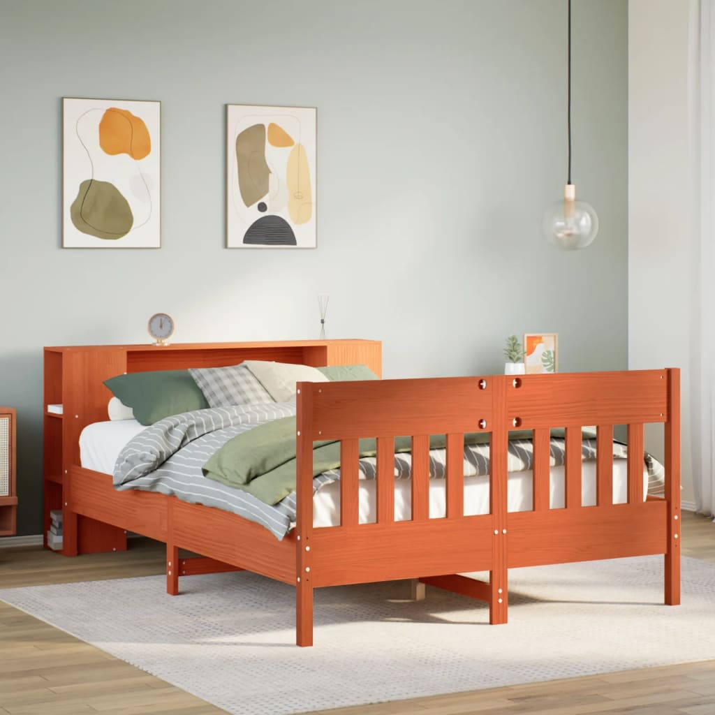 Seng med bokhylle uten madrass voksbrun 140x190 cm heltre furu