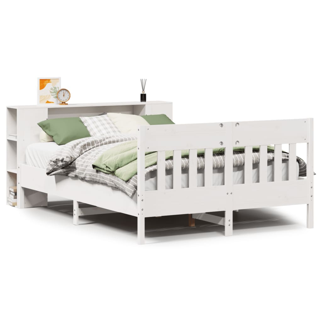 Seng med bokhylle uten madrass hvit 135x190 cm heltre furu