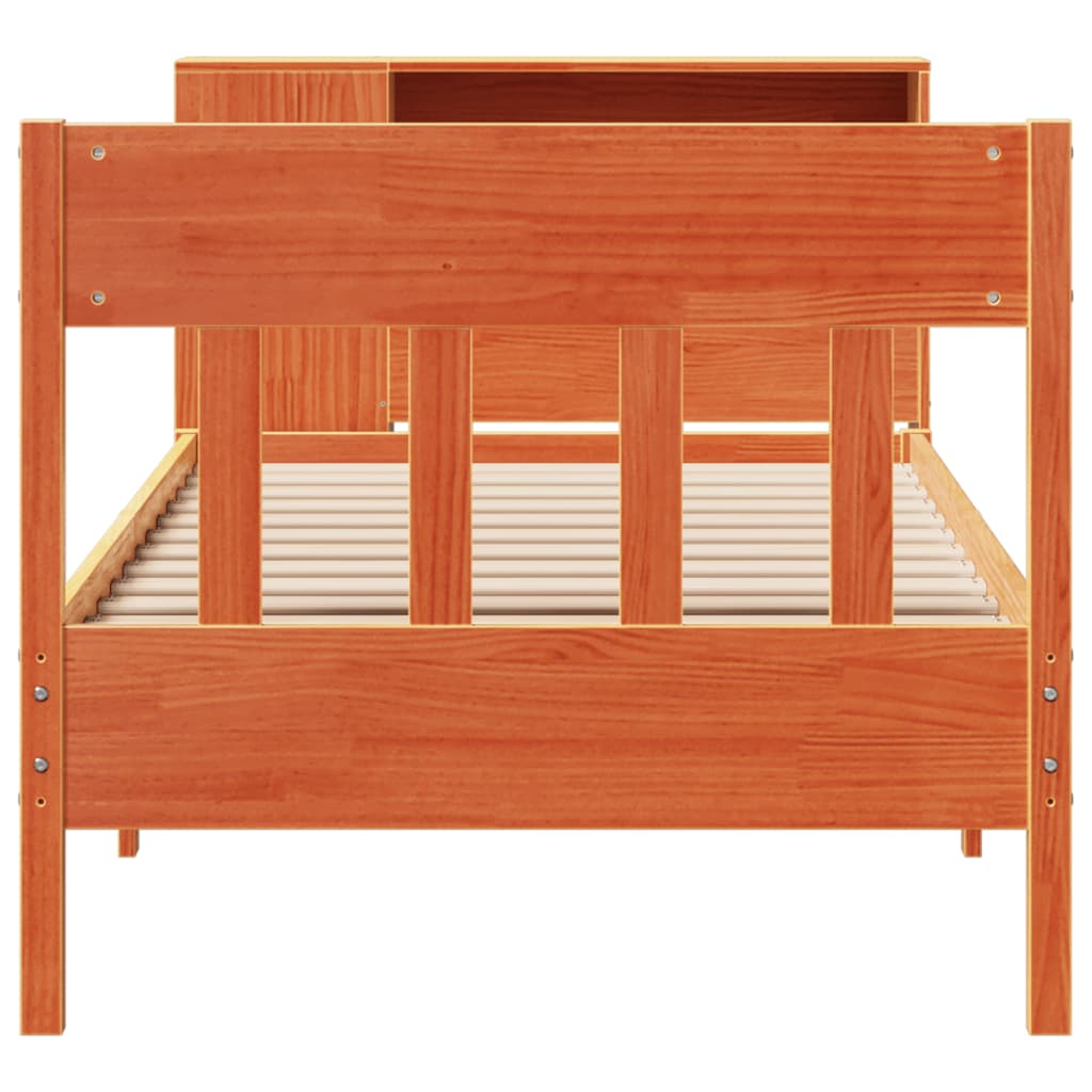 Seng med bokhylle uten madrass voksbrun 100x200 cm heltre furu