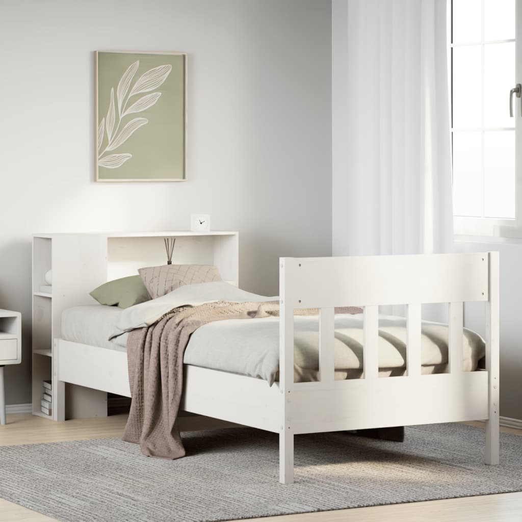 Seng med bokhylle uten madrass hvit 75x190 cm heltre furu