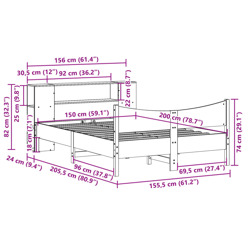 Sengeramme uten madrass brun 150x200 cm heltre furu