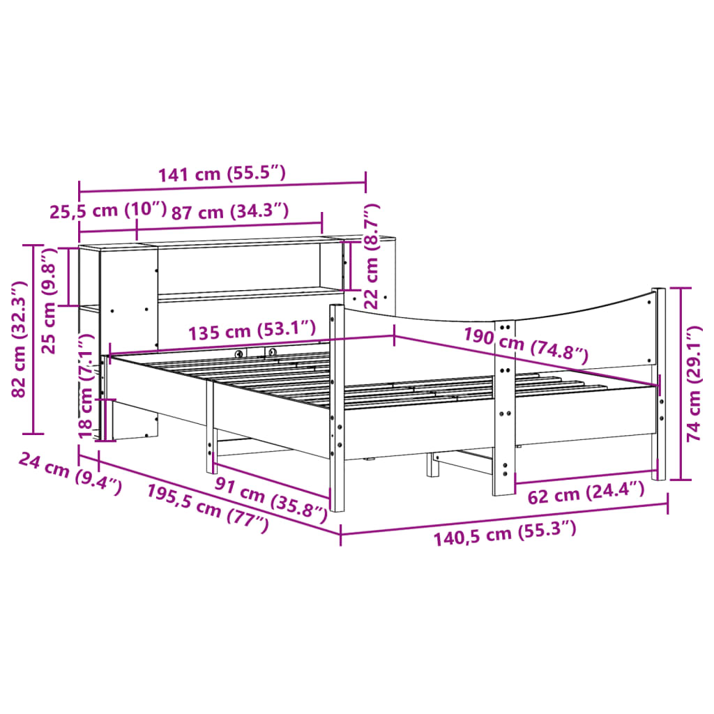 Sengeramme uten madrass hvit 135x190 cm heltre furu