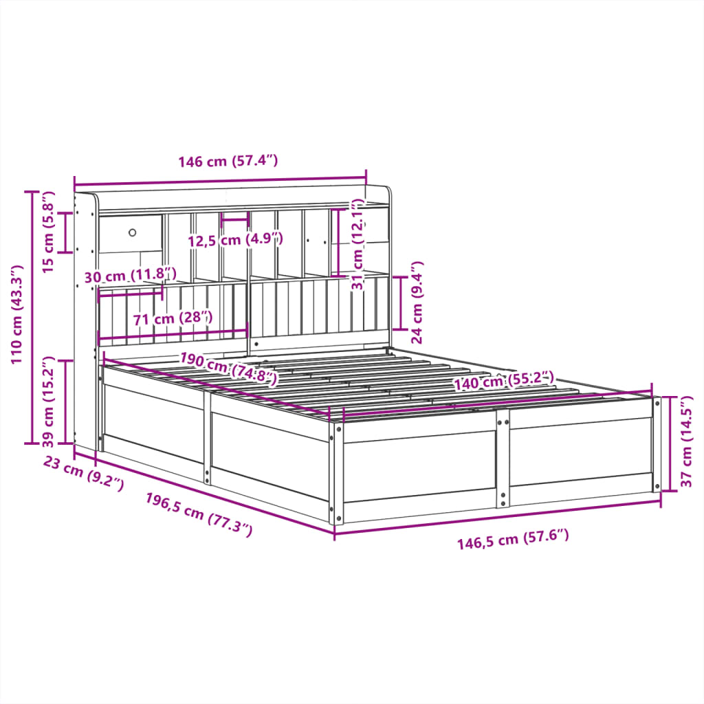 Sengeramme uten madrass hvit 140x190 cm heltre furu