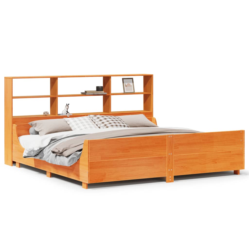 Seng med bokhylle uten madrass voksbrun 200x200 cm heltre