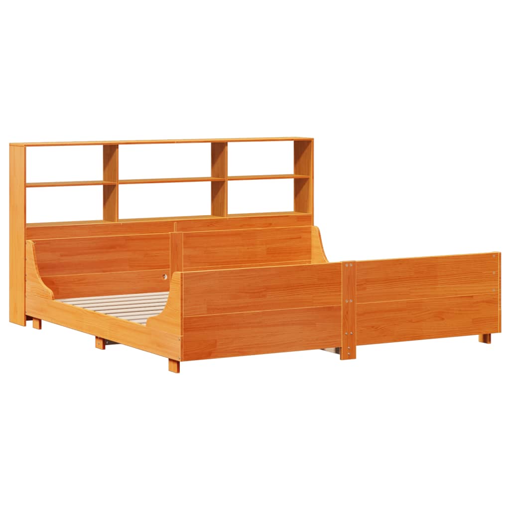 Seng med bokhylle uten madrass voksbrun 200x200 cm heltre