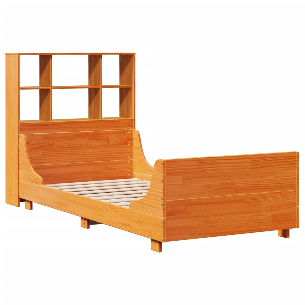 Seng med bokhylle uten madrass voksbrun 100x200 cm heltre