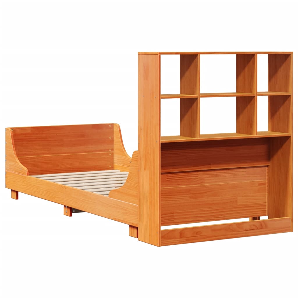 Seng med bokhylle uten madrass voksbrun 100x200 cm heltre
