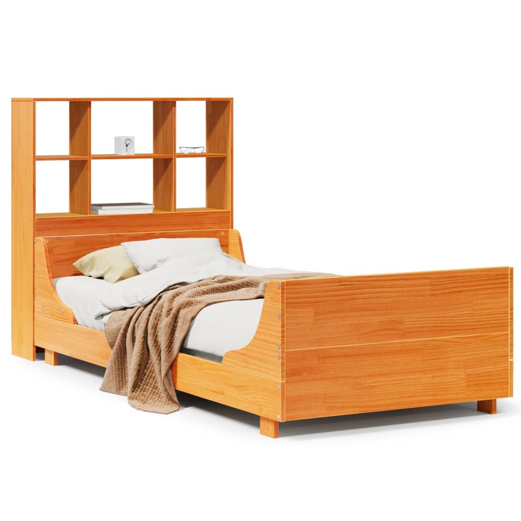 Seng med bokhylle uten madrass voksbrun 75x190 cm heltre