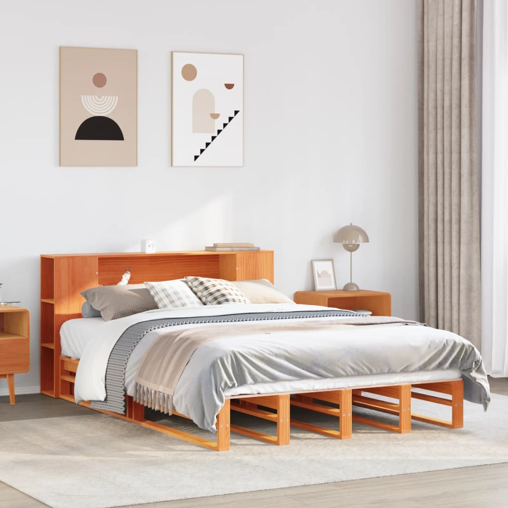 Seng med bokhylle uten madrass voksbrun 140x200 cm heltre