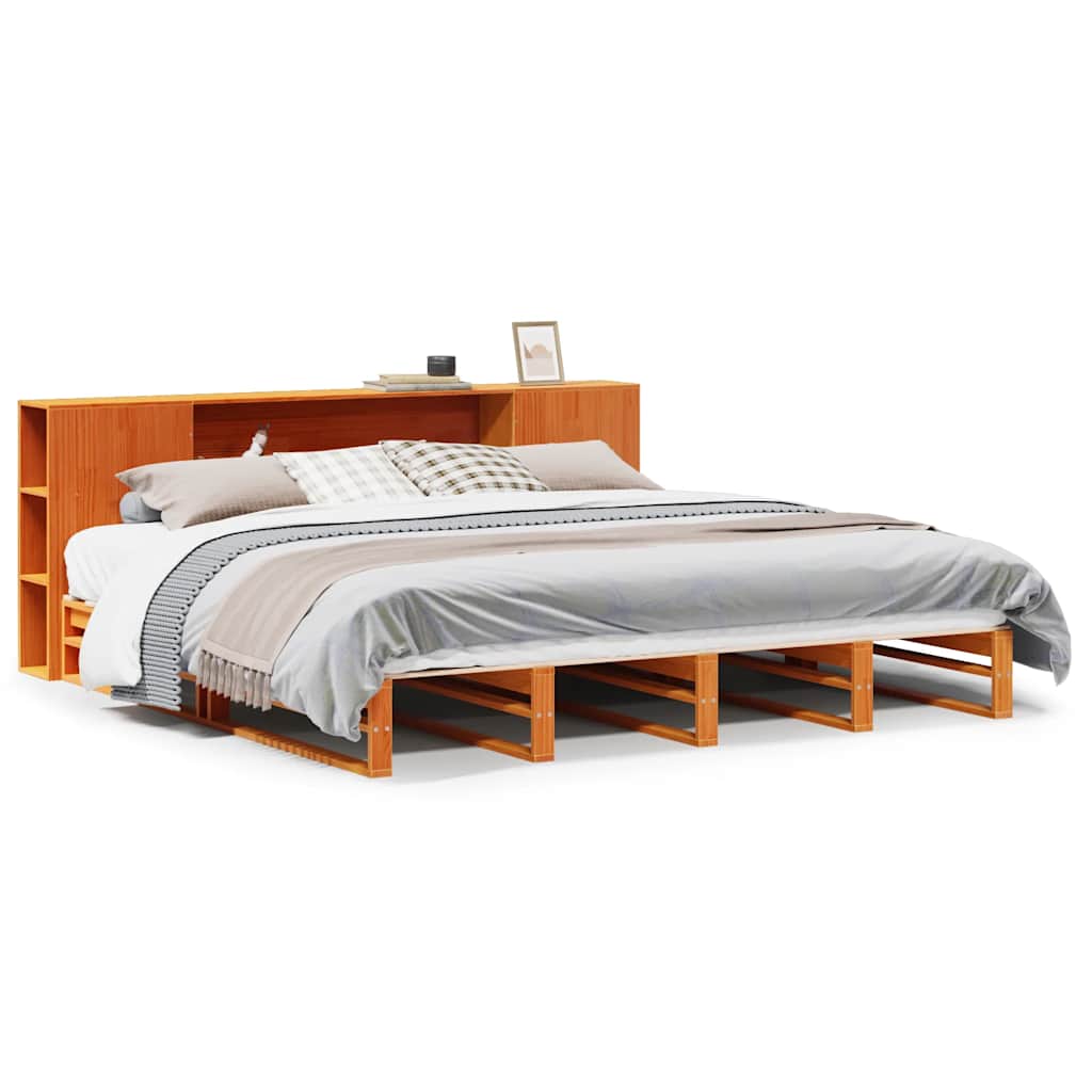Seng med bokhylle uten madrass voksbrun 200x200 cm heltre