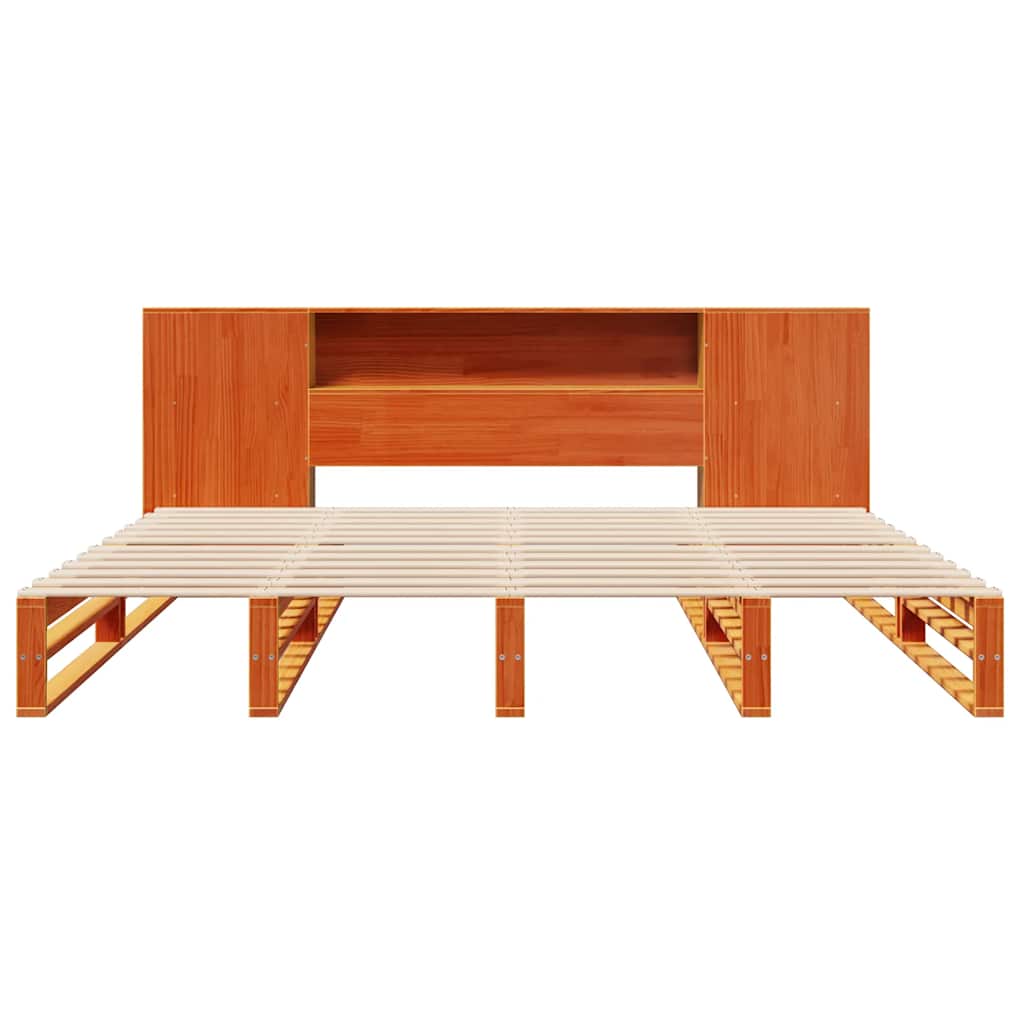 Seng med bokhylle uten madrass voksbrun 200x200 cm heltre