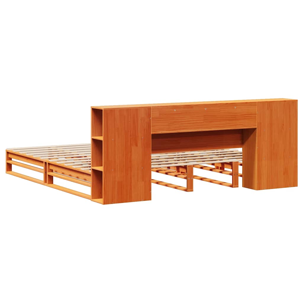 Seng med bokhylle uten madrass voksbrun 200x200 cm heltre