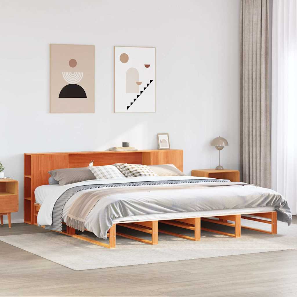Seng med bokhylle uten madrass voksbrun 200x200 cm heltre
